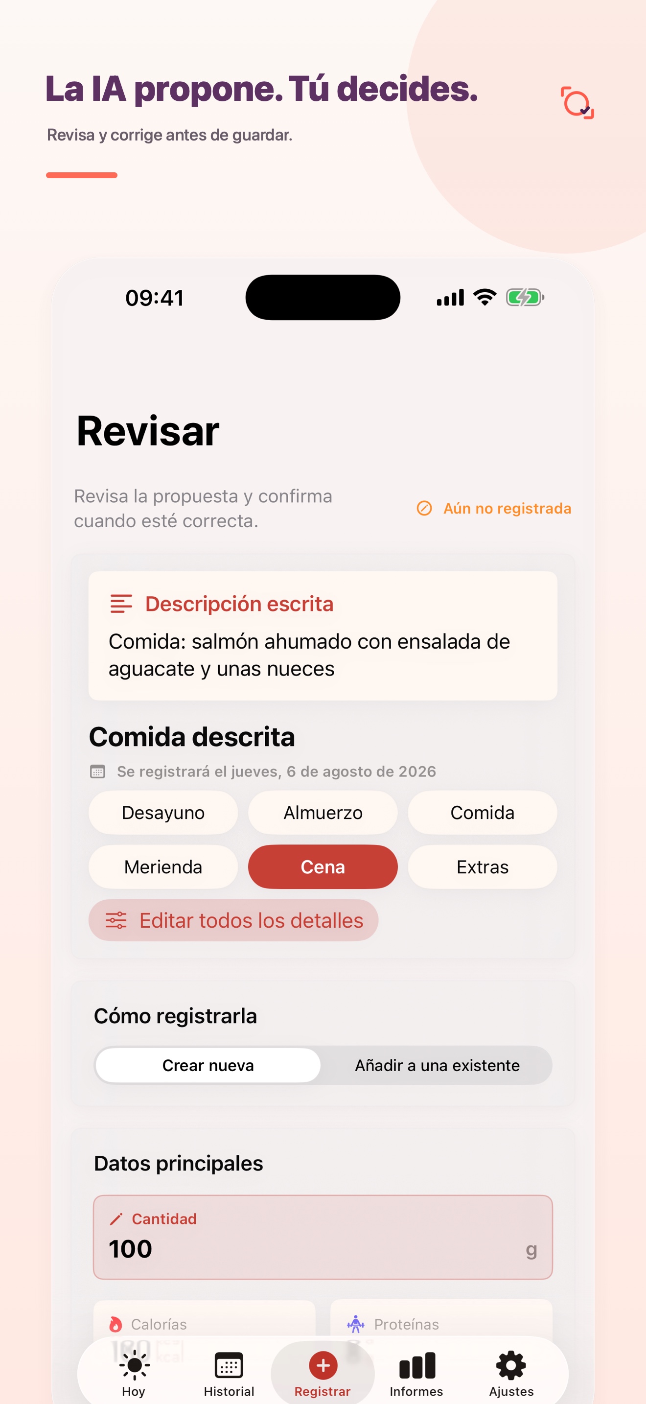 Pantalla de revisión de NutriPicta con una propuesta nutricional editable